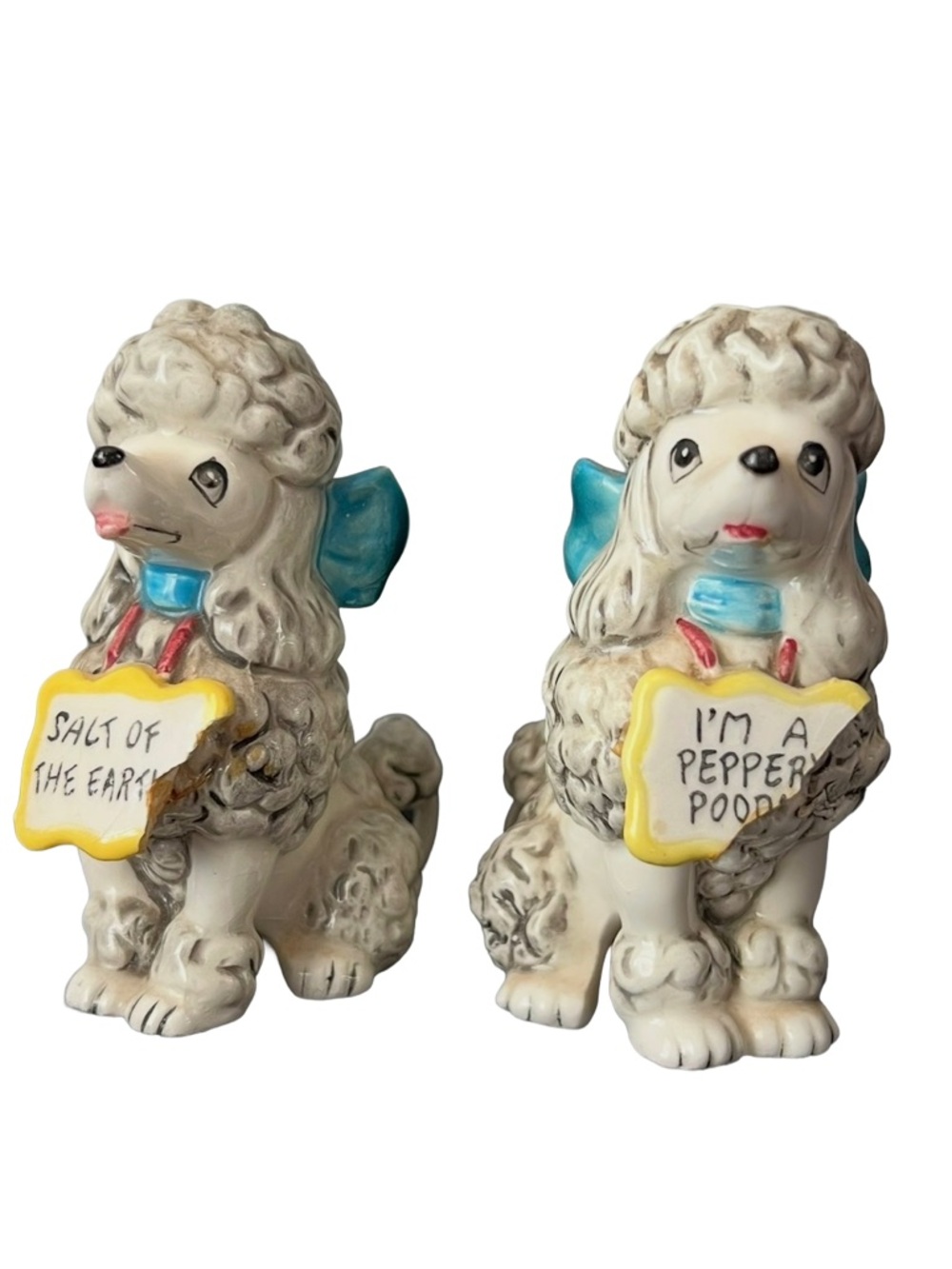 Vintage MCM Poodle Set Salt and Pepper shaker Japan Kitsch blue bow